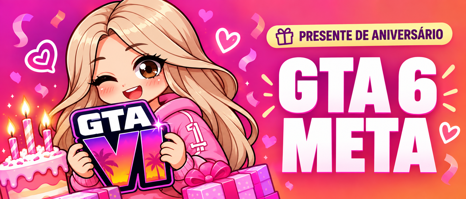 Polly com a logo do GTA VI, bolo e presentes. GTA 6 META, presente de aniversário.