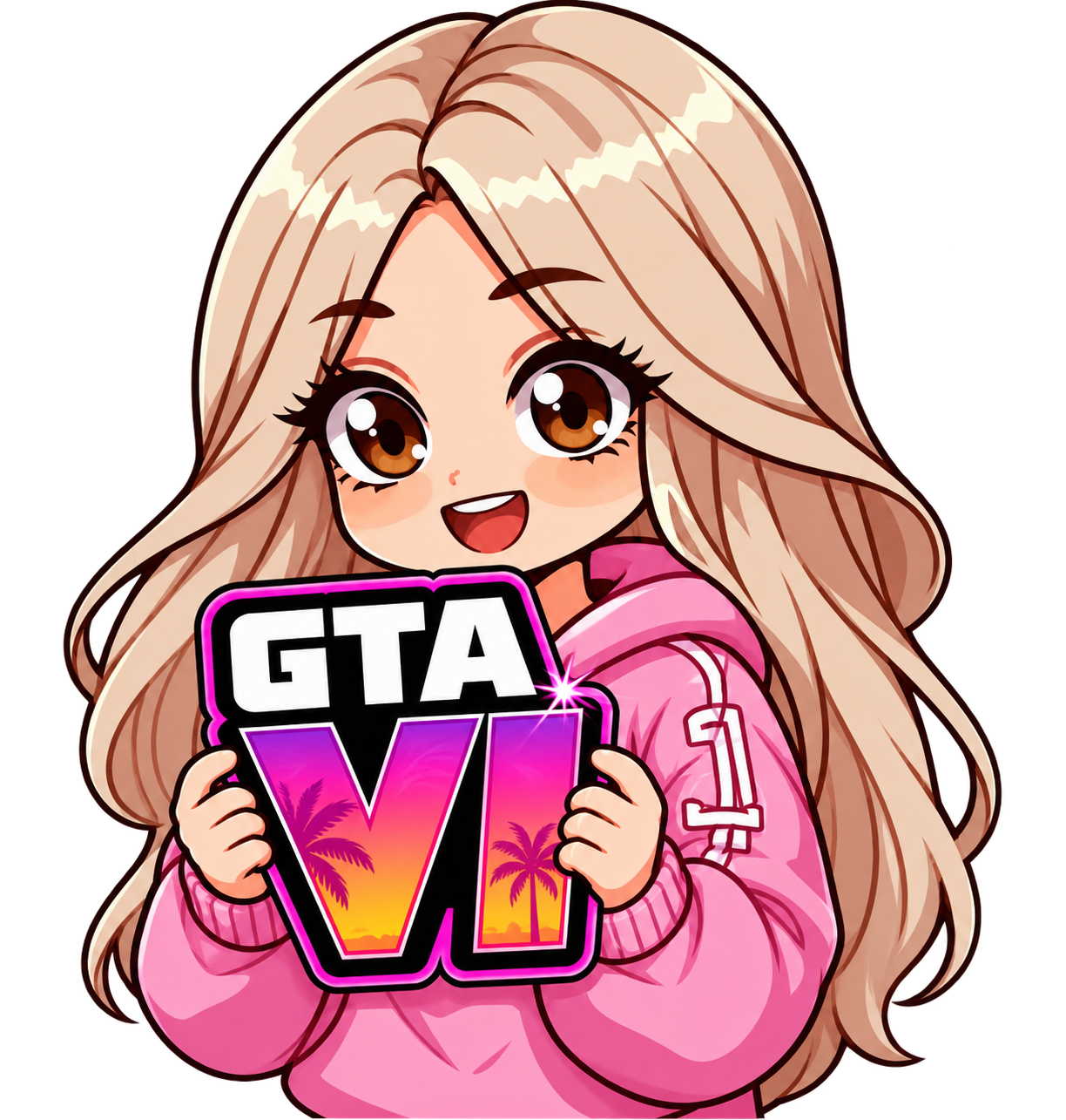Gamer Polly segurando a logo do GTA VI